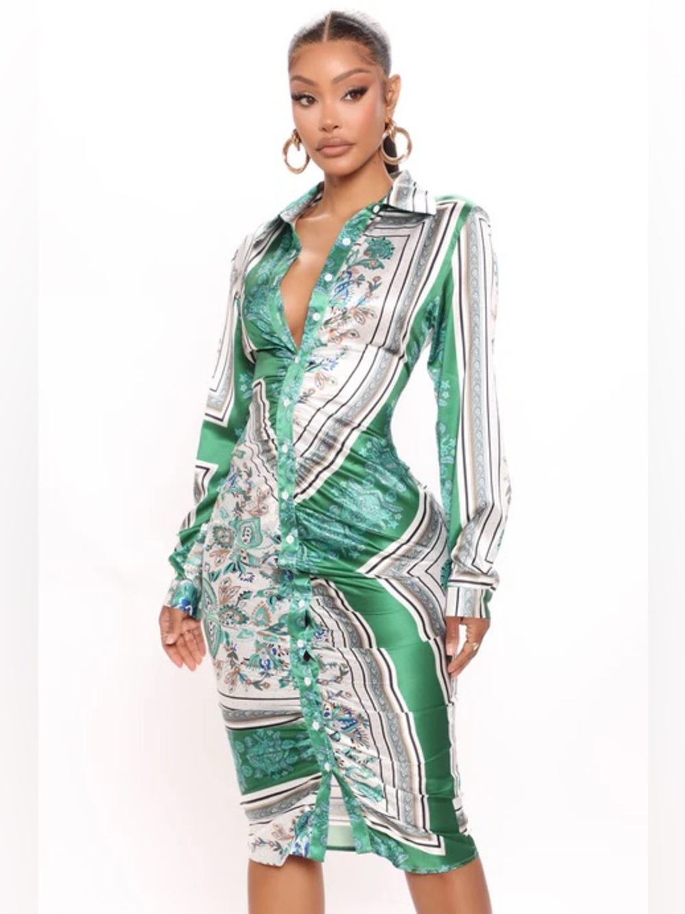 Fashion Nova Becoming Richer Satin Shirt Dress XL Ruched Paisley NWOT